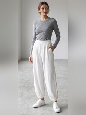 White Rayon Knit Harem Pants High Rise Pleated Balloon Joggers Size S